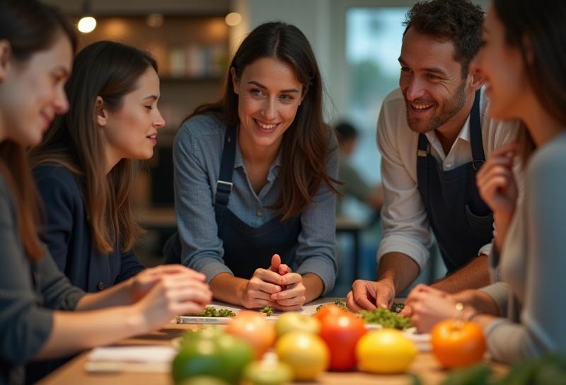 A group of diverse people, appearing to be colleagues or partners, discussing fresh produce samples in a professional setting, symbolizing collaboration and shared interest in food.