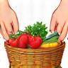 An illustration of hands holding fresh vegetables over a harvest basket, representing sourcing and farming.